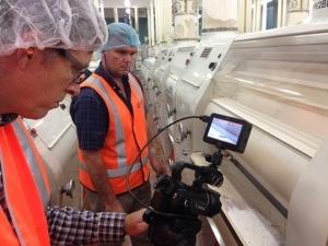 Filming donated grain being processed at Weston Milling